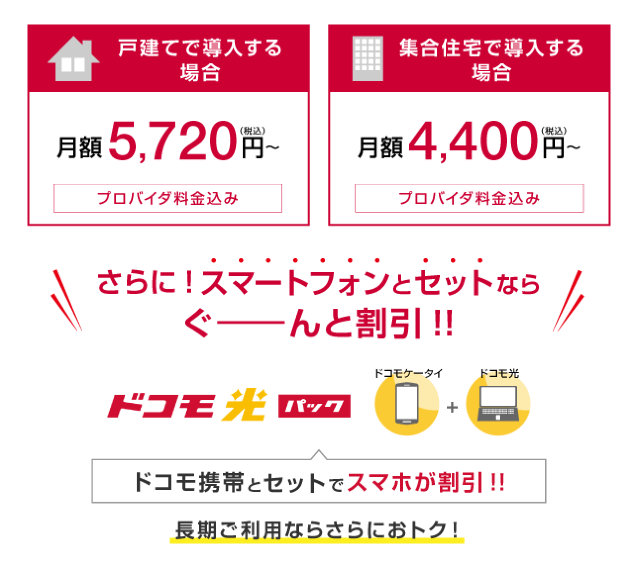 戸建て：5,720円/月(税込)(プロバイダ料金込み) 集合住宅：4,400円/月(税込)(プロバイダ料金込み) ドコモ携帯とセットでスマホが割引